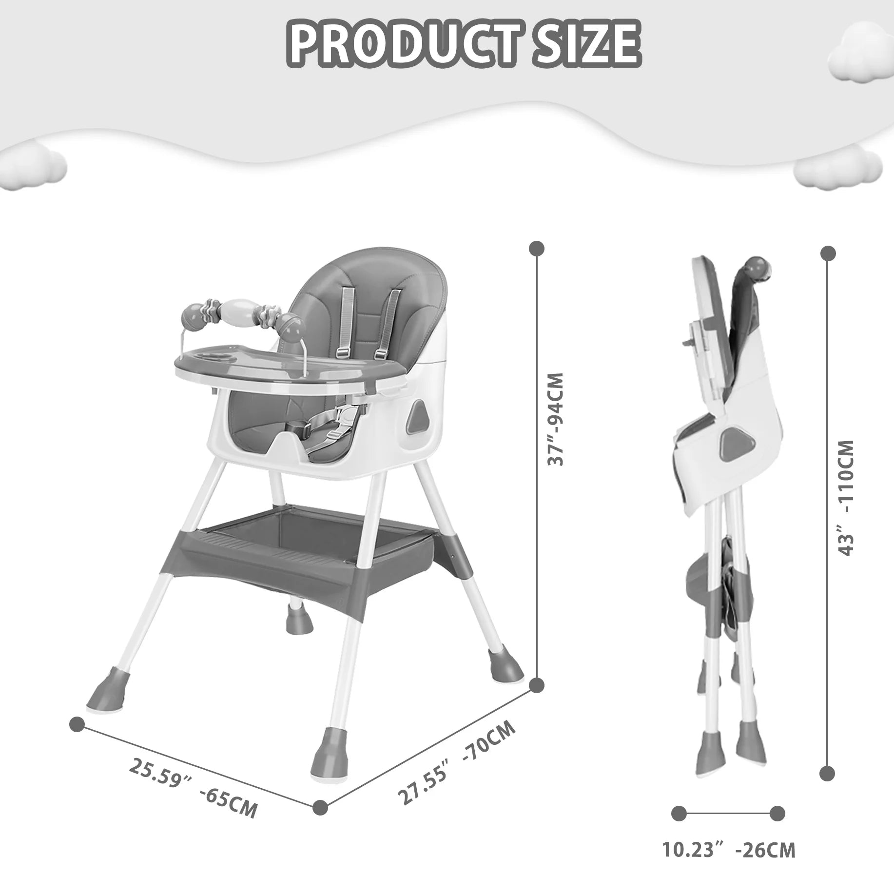 Chaise haute bébé pliable 6 mois et plus, avec grand tapis antidérapant et porte-jouets, facile à nettoyer pour l'alimentation, E500