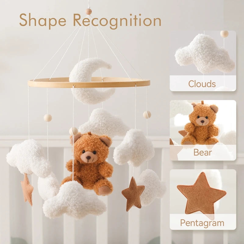 Hochet de berceau de bébé Jouet de mobile de lit en bois Cloche de lit mobile Ours en peluche suspendu Poupée en velours Jouet Boîte à musique de berceau mobile Cadeau de support