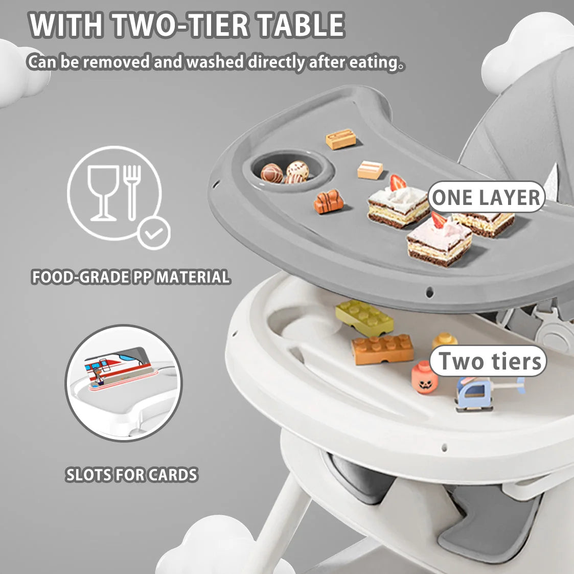 Chaise haute bébé pliable 6 mois et plus, avec grand tapis antidérapant et porte-jouets, facile à nettoyer pour l'alimentation, E500