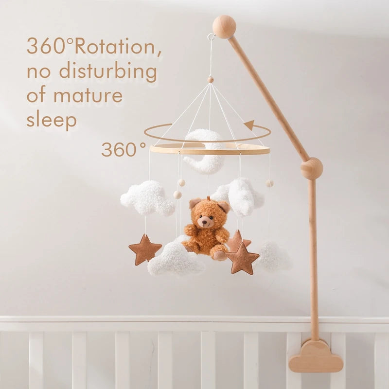 Hochet de berceau de bébé Jouet de mobile de lit en bois Cloche de lit mobile Ours en peluche suspendu Poupée en velours Jouet Boîte à musique de berceau mobile Cadeau de support