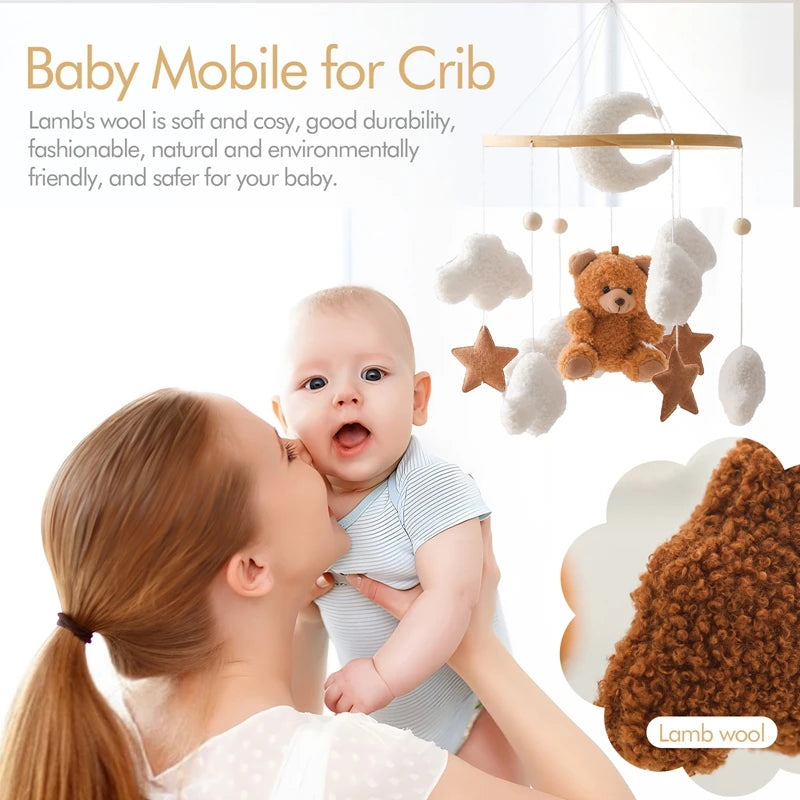 Hochet de berceau de bébé Jouet de mobile de lit en bois Cloche de lit mobile Ours en peluche suspendu Poupée en velours Jouet Boîte à musique de berceau mobile Cadeau de support