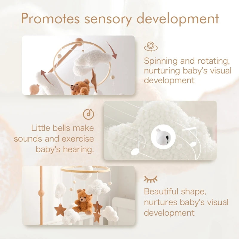 Hochet de berceau de bébé Jouet de mobile de lit en bois Cloche de lit mobile Ours en peluche suspendu Poupée en velours Jouet Boîte à musique de berceau mobile Cadeau de support