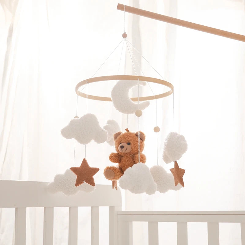 Hochet de berceau de bébé Jouet de mobile de lit en bois Cloche de lit mobile Ours en peluche suspendu Poupée en velours Jouet Boîte à musique de berceau mobile Cadeau de support
