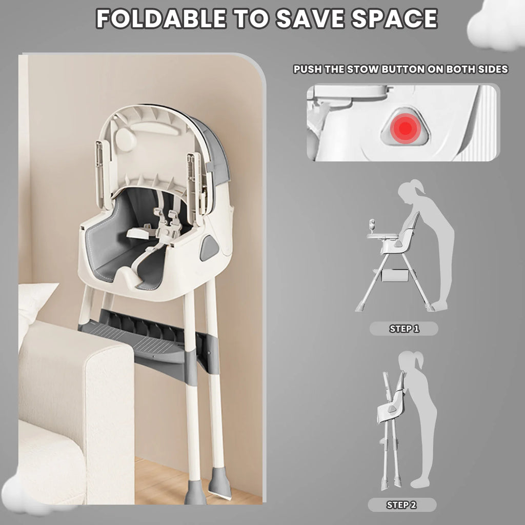 Chaise haute bébé pliable 6 mois et plus, avec grand tapis antidérapant et porte-jouets, facile à nettoyer pour l'alimentation, E500