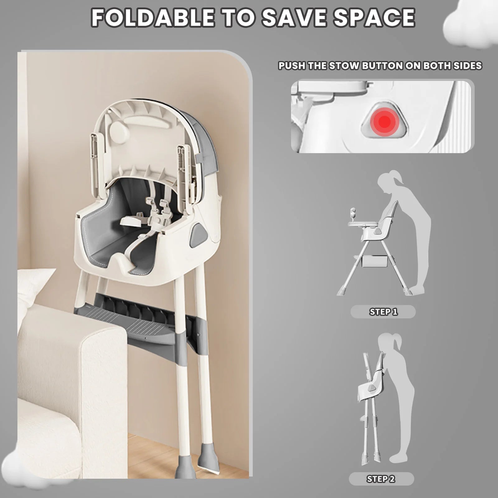 Chaise haute bébé pliable 6 mois et plus, avec grand tapis antidérapant et porte-jouets, facile à nettoyer pour l'alimentation, E500